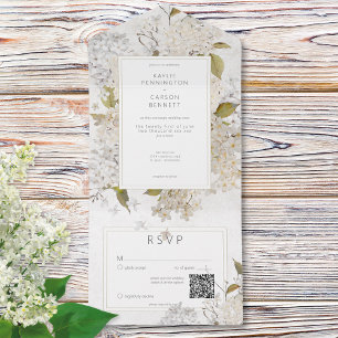 Rustic Romantic White Lilacs on White QR Code All In One Invitation