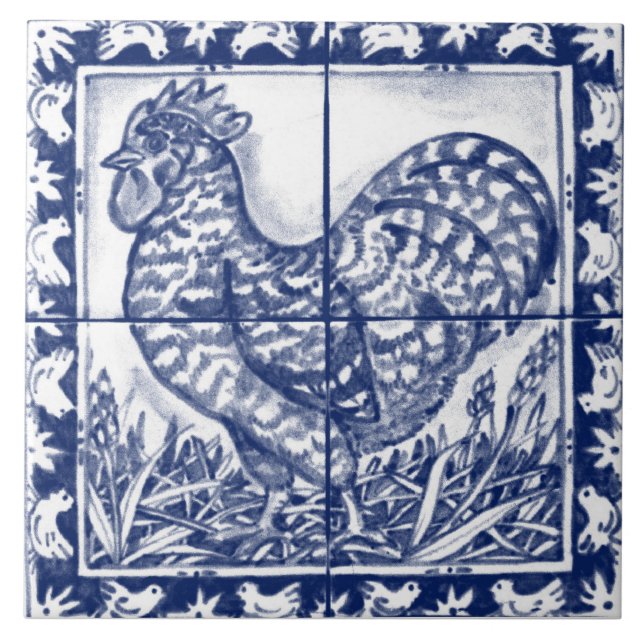 Rustic Rooster Blue White Delft Dedham Vintage  Tile (Front)