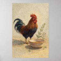 Rustic Rooster by Earthenware Bowl