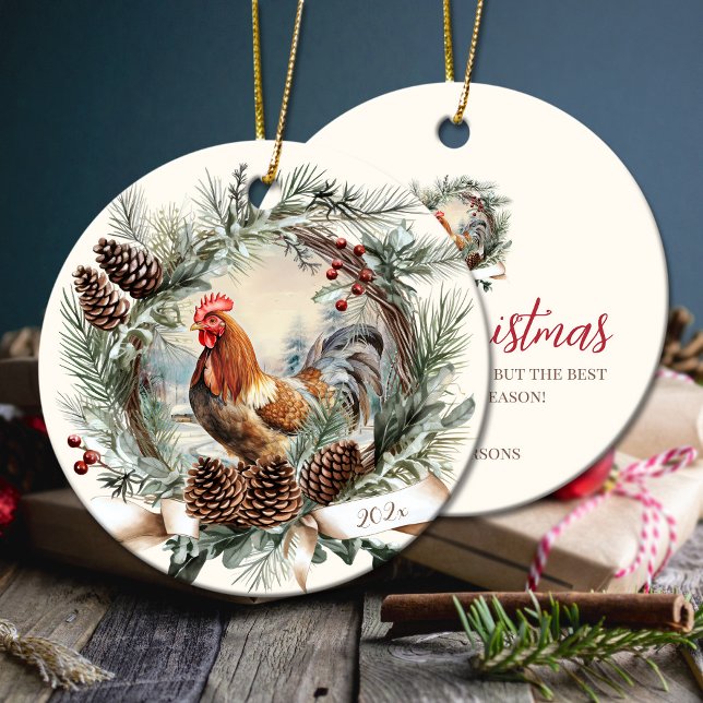 Rustic rooster farm animal Christmas pine wreath Ceramic Tree Decoration (Rustic rooster farm animal Christmas pine wreath Ceramic Ornament)