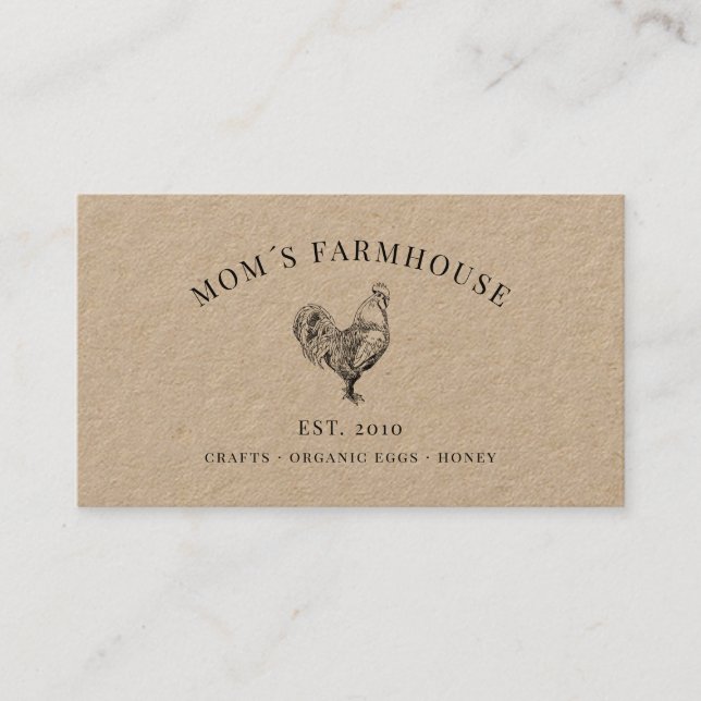 Rustic rooster sketch logo on brown paper business card (Front)