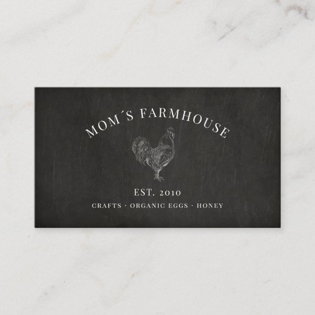 Rustic rooster sketch logo on chalkboard business card (Front)