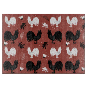 Rustic Roosters Farm Hand Drawn Pattern Cutting Board