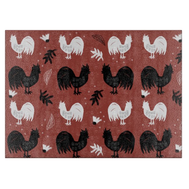Rustic Roosters Farm Hand Drawn Pattern Cutting Board (Front)