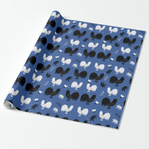 Rustic Roosters Farm Hand Drawn Pattern Wrapping Paper