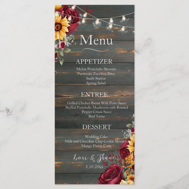 Rustic Rose and Aster Wedding Menu (Front)