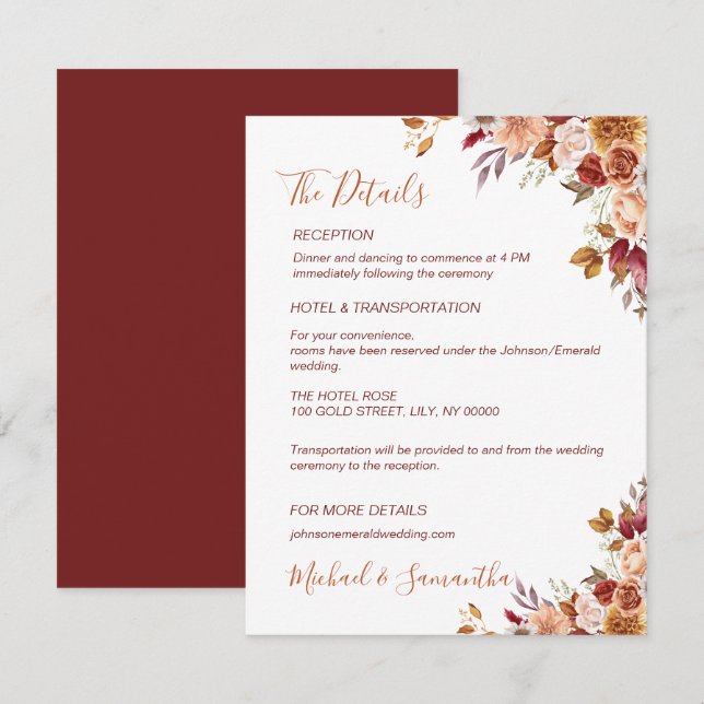 Rustic Rose and Chrysanthemum Fall Wedding Enclosure Card (Front/Back)