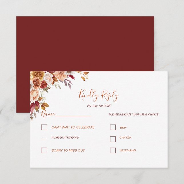Rustic Rose and Chrysanthemum Fall Wedding RSVP Card (Front/Back)