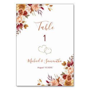 Rustic Rose and Chrysanthemum Fall Wedding Table Number
