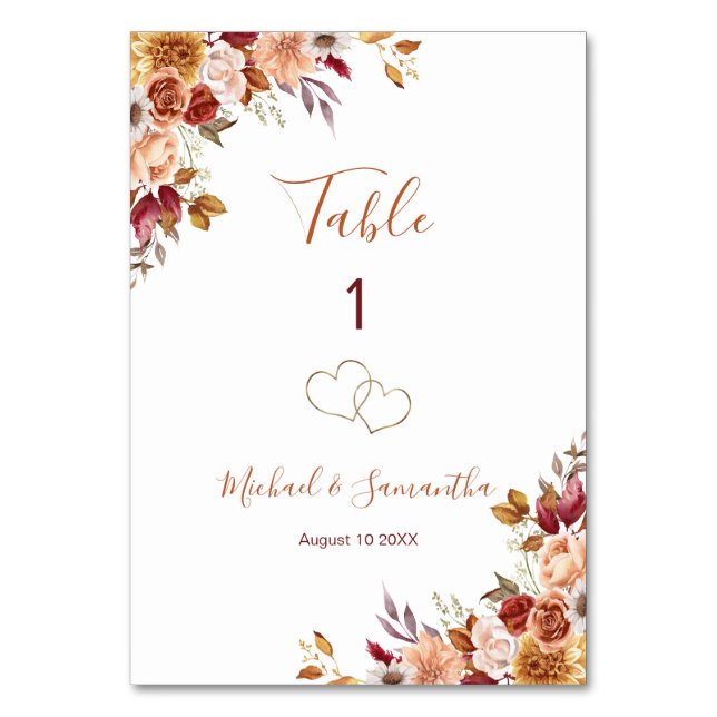 Rustic Rose and Chrysanthemum Fall Wedding Table Number (Front)