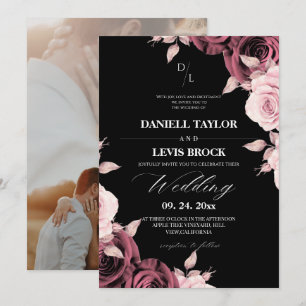 Rustic Rose Blush Pink Floral Black Wedding  Invitation