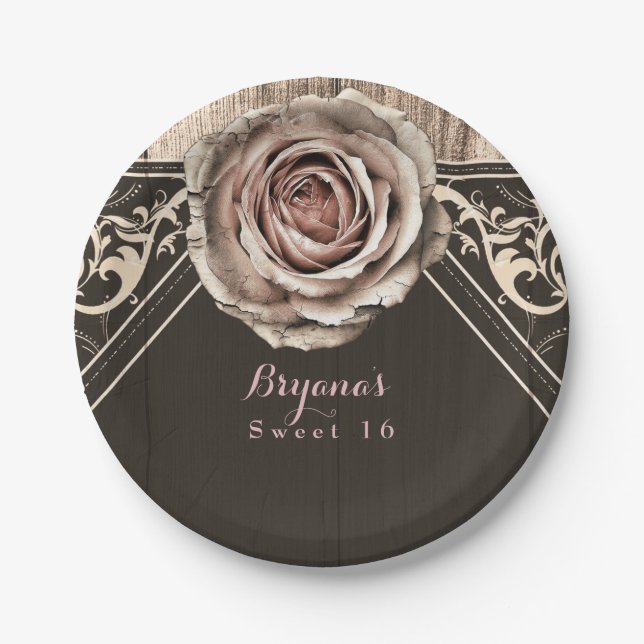 Rustic Rose Elegant Light Wood Diamond Party Paper Plate (Front)