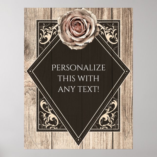 Rustic Rose Elegant Wood Diamond Party Banner Poster (Front)