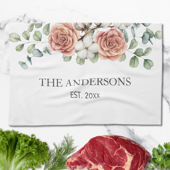 Rustic Rose Eucalyptus Floral Botanical Tea Towel (In situ)