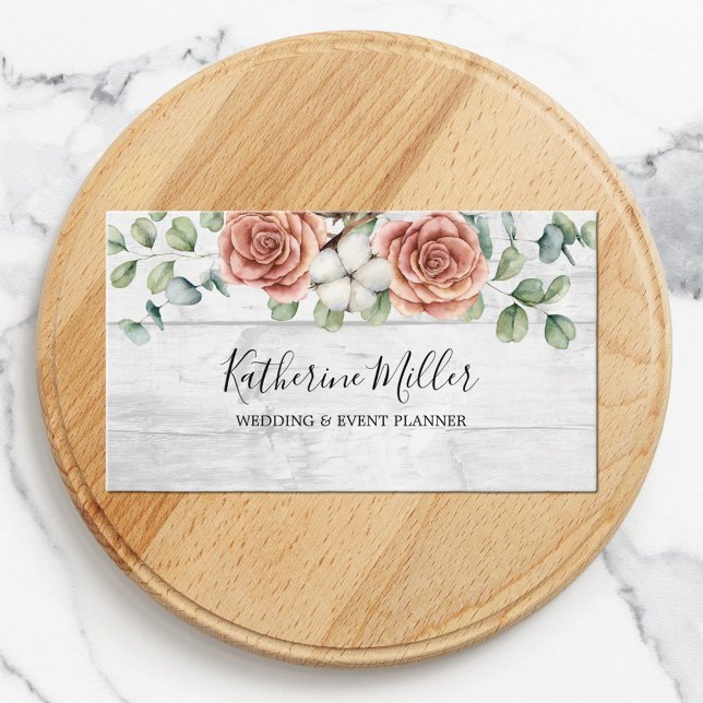 Rustic Rose Eucalyptus Floral Botanical Wood Business Card (Close up)