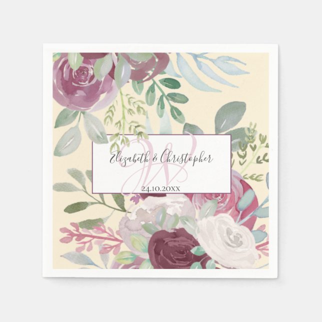 Rustic Rose Floral Watercolor  Burgundy Wedding   Napkin (Front)