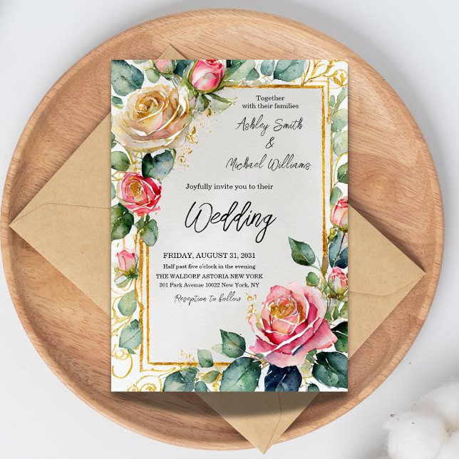 Rustic Rose Framed Watercolor Floral Wedding Invitation (Creator Uploaded)