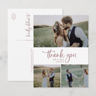 Rustic Rose Gold 3 Photo Collage Wedding Thank You Postcard
