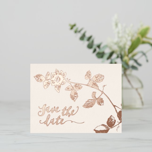Rustic Rose Gold Botanical Wedding Save the date Foil Invitation Postcard (Standing Front)