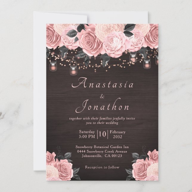 Rustic Rose Gold Floral String Lights Wedding Invitation (Front)