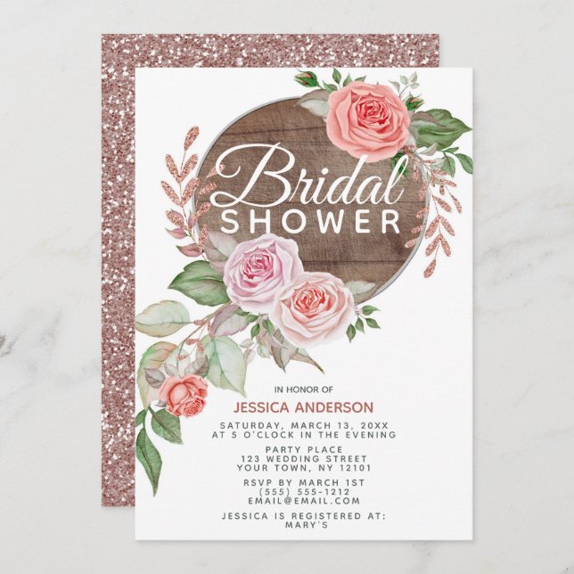Rustic Rose Gold Glitter Floral Bridal Shower Invitation (Front/Back)