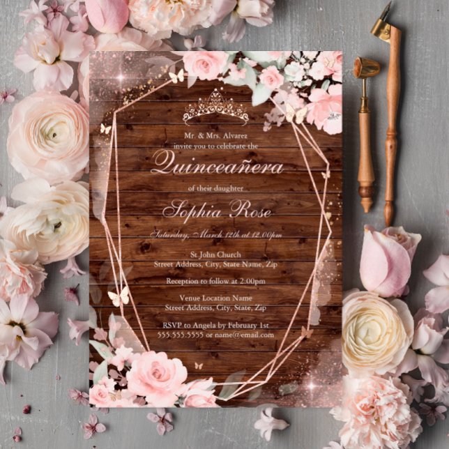 Rustic Rose Gold Pink Butterfly Floral Quinceanera (Creator Uploaded)