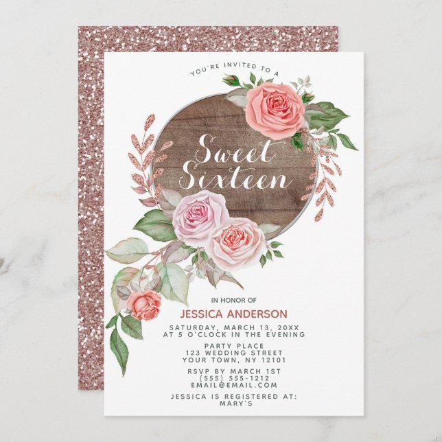 Rustic Rose Gold Pink Glitter Sweet Sixteen Invitation (Front/Back)