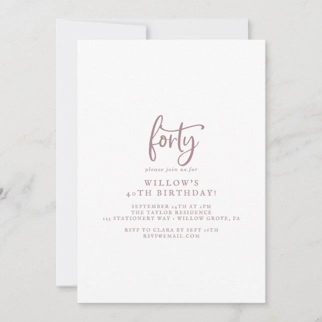 Rustic Rose Gold Script 40th Birthday Party Invitation (Front)