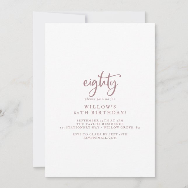 Rustic Rose Gold Script 80th Birthday Party Invitation (Front)