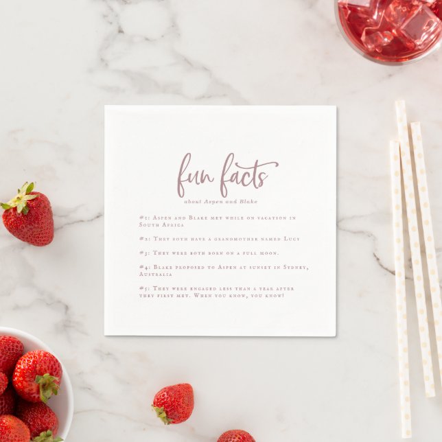 Rustic Rose Gold Script Fun Facts Wedding Napkins (Insitu)