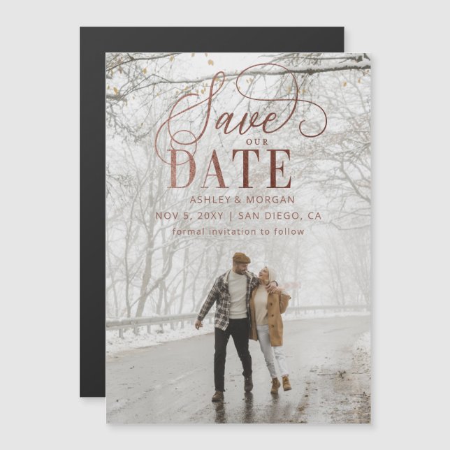 Rustic Rose Gold Script Photo Save the Date Magnetic Invitation (Front/Back)