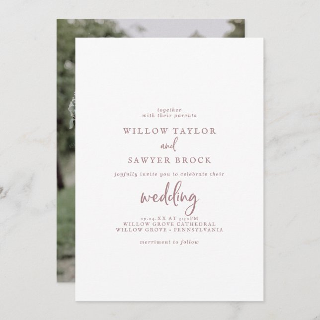 Rustic Rose Gold Script Photo Wedding Invitation (Front/Back)