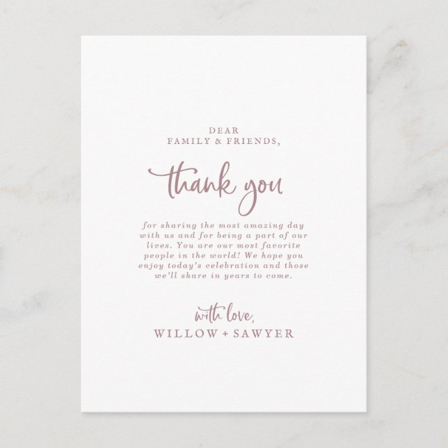 Rustic Rose Gold Script Thank You Reception Card (Front)