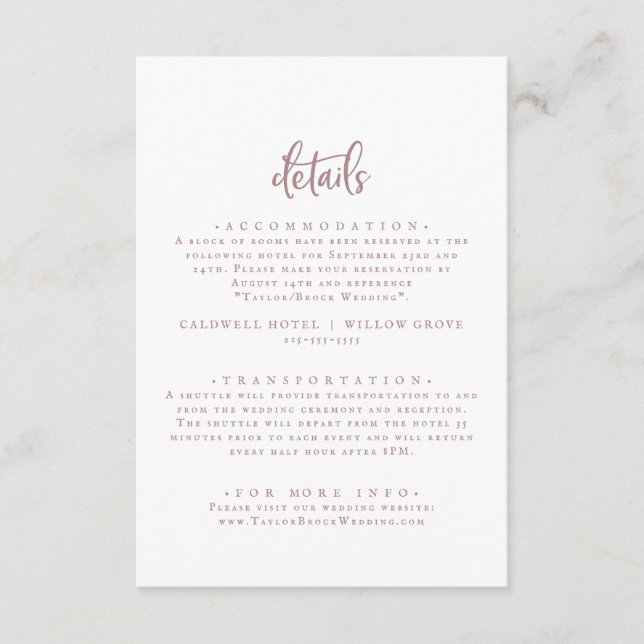 Rustic Rose Gold Script Wedding Details Enclosure Card (Front)