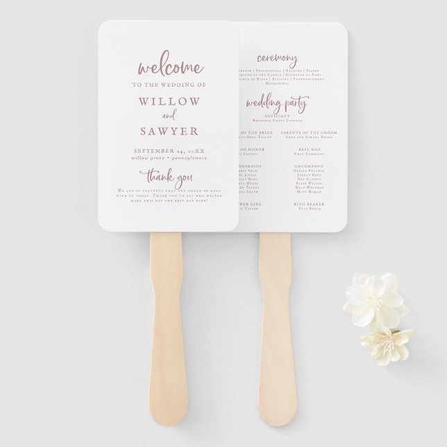 Rustic Rose Gold Script Wedding Program Hand Fan (Front and Back)