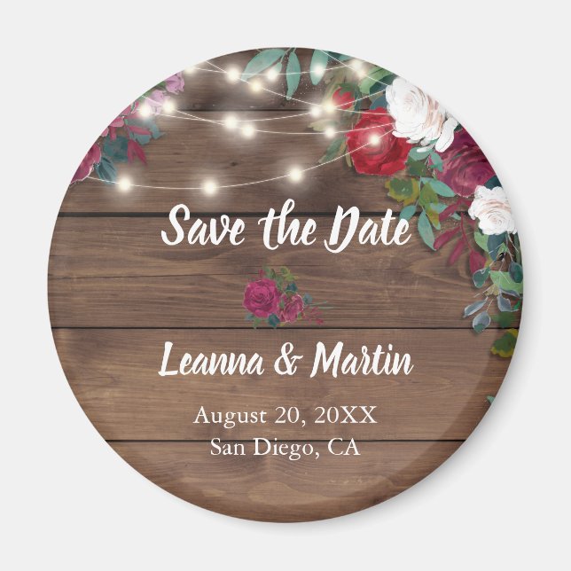 Rustic Rose Hanging Lights Wood Save the Date Magnet (Front)
