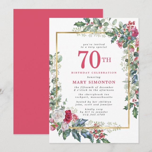 Rustic Rose Holly Berries 70th Birthday Party Invitation (Front/Back)