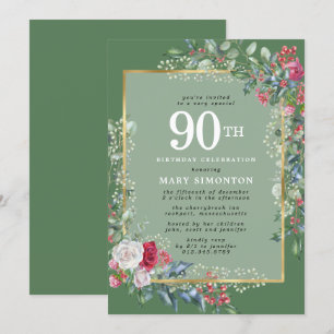 Rustic Rose Holly Berries 90th Birthday Party Invitation