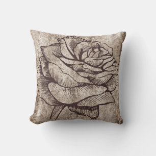 Rustic Rose Ink Drawing Cushion