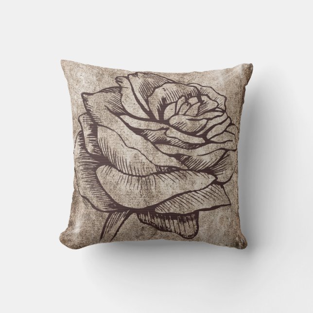 Rustic Rose Ink Drawing Cushion (Front)