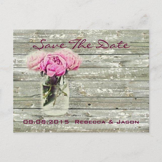 rustic rose mason jar wedding save the date announcement postcard (Front)