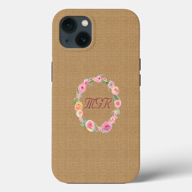 Rustic Rose Wreath Monogram on Burlap Case-Mate iPhone Case (Back)