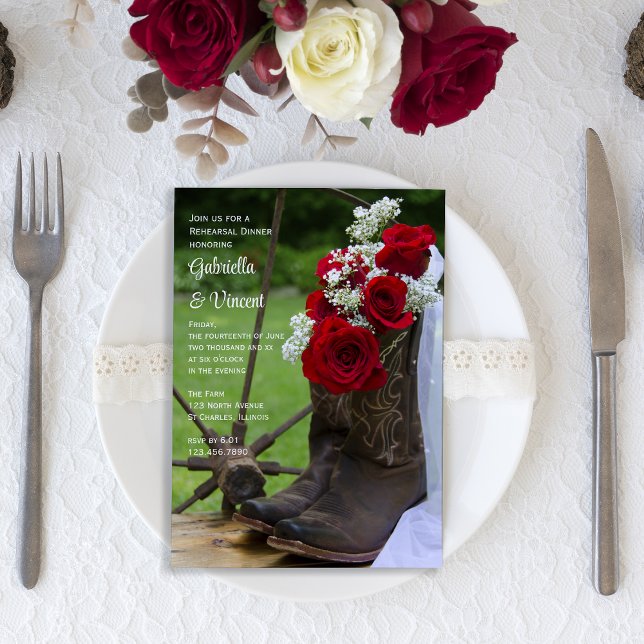 Rustic Roses Cowboy Boots Wedding Rehearsal Dinner Invitation (Creator Uploaded)