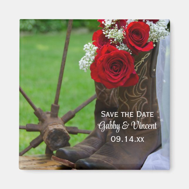 Rustic Roses Cowboy Boots Wedding Save the Date Magnet (Front)