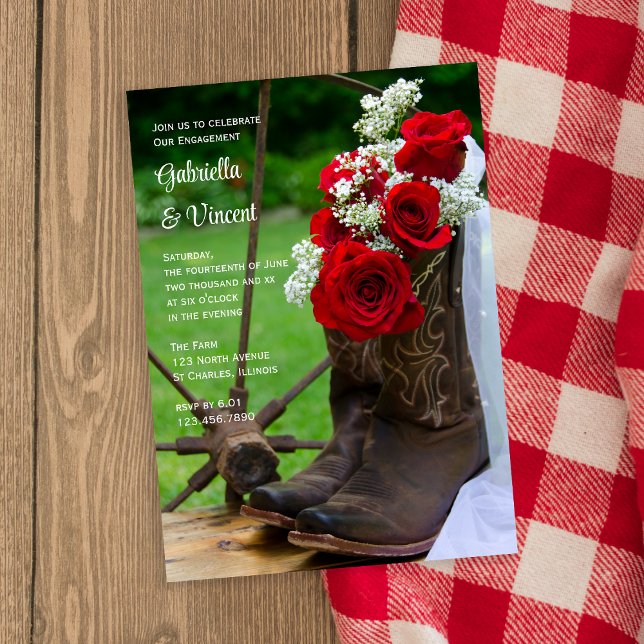 Rustic Roses Cowboy Boots Western Engagement Party Invitation (Creator Uploaded)