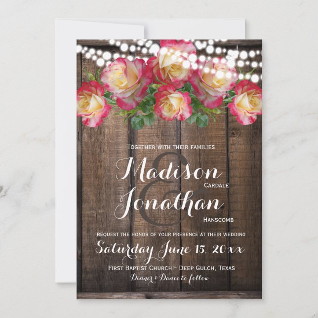 Rustic Roses Fairy Lights Wood Wedding Invitations (Front)