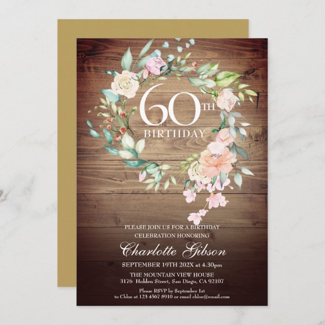 Rustic Roses Garland Monogram 60th Birthday Invitation (Front/Back)