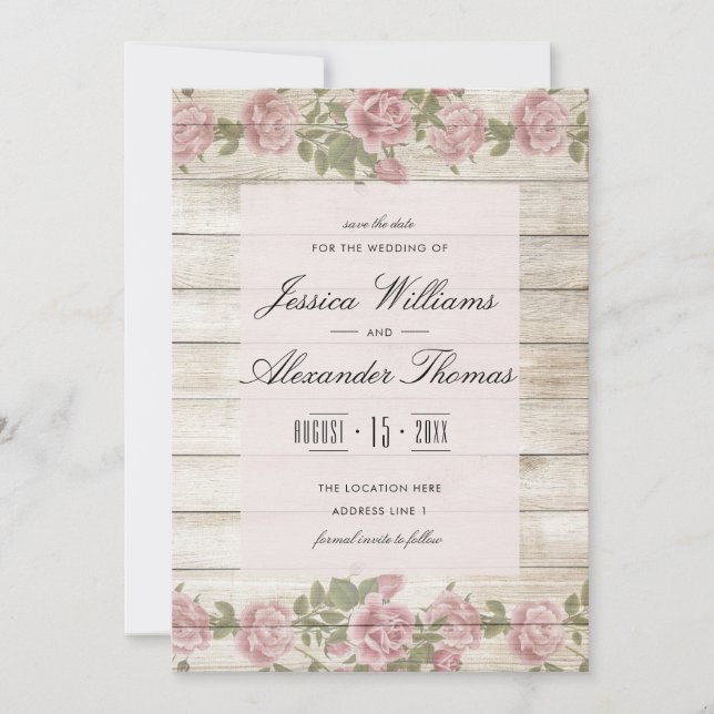 Rustic Roses On Wood Save The Date (Front)
