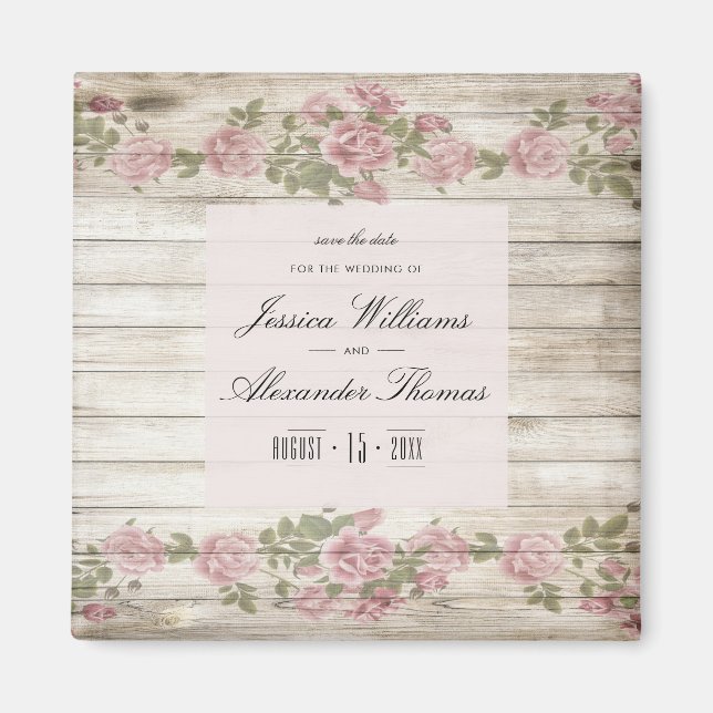 Rustic Roses On Wood Save The Date Magnet (Front)