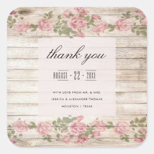 Rustic Roses On Wood Thank You Square Sticker